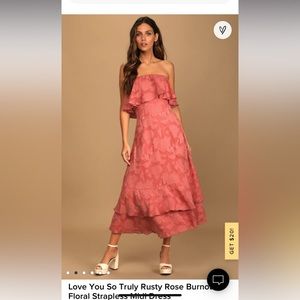 Love You So Truly Rusty Rose Burnout Floral Strapless Midi Dress